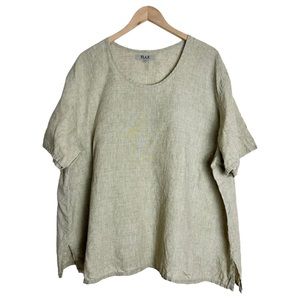 Flax Linen Woven Light Green Tan Short Sleeve Plus Size Top Size 2G 22/24